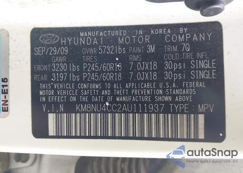 2010 Hyundai Veracruz Limited z USA, uszkodzony, nr VIN KM8NU4CC2AU111937